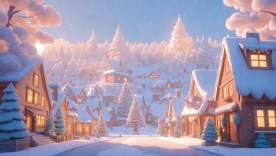 Primary subject: A snowy village with a street lined with Christmas trees.

Setting/background: The scene is set in a winter wonderland, with snow-covered trees and buildings.

Visual style: The image is a digital art or illustration, depicting a charming and festive village.

Colors and mood: The dominant colors are white and shades of blue, creating a serene and peaceful atmosphere.